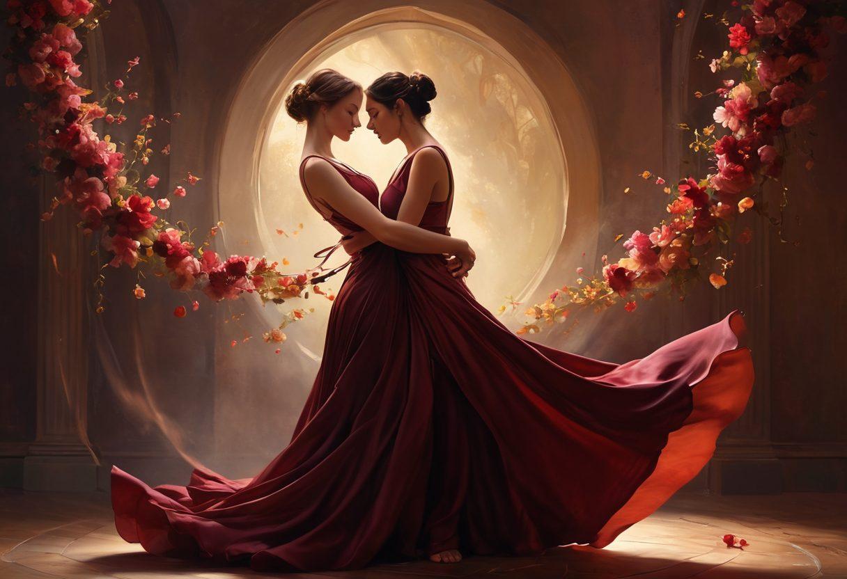 An elegant scene depicting a balanced dance between a dominant figure in a dark attire and a submissive figure in a soft, flowing garment, surrounded by an ethereal ambiance of swirling shadows and soft light. The background is a blend of rich burgundy and gold tones, suggesting both passion and luxury, while subtle elements like handcuffs and flowers signify a playful interaction. Their expressions convey trust and mutual respect, emphasizing the intimacy of their roles. digital painting. vibrant colors. dramatic lighting.