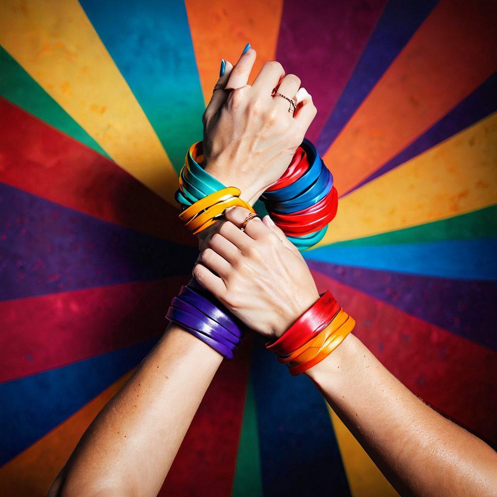 A pair of intertwined hands adorned with colorful wrist cuffs, symbolizing connection and empowerment, set against a backdrop of swirling vibrant colors to represent passion and diversity. Shadows play across the scene, hinting at deeper dynamics of relationships. Soft light filters in, creating a warm and inviting atmosphere that suggests intimacy and exploration. The image evokes a sense of freedom and strength in vulnerability. super-realistic. vibrant colors. soft lighting.